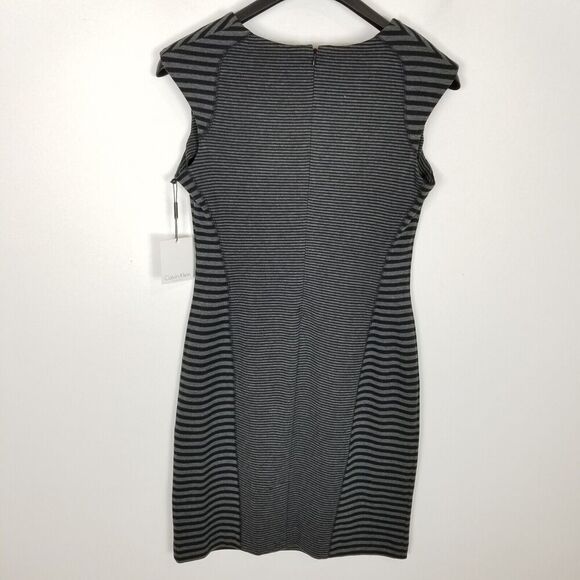 Calvin Klein Women Sheath Knit Midi Dress Sz  10 Black Gray Stripe Stretch Ponte - Picture 4 of 10